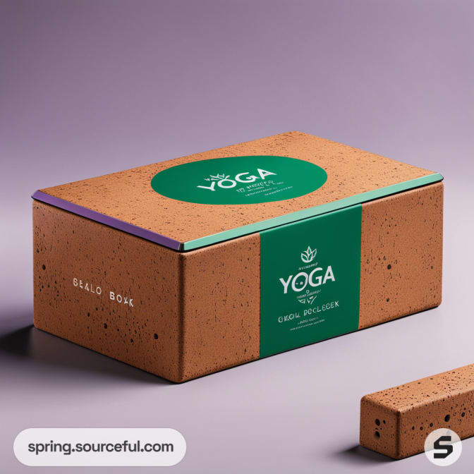 Rectangular cork yoga block with green label on a gray background.