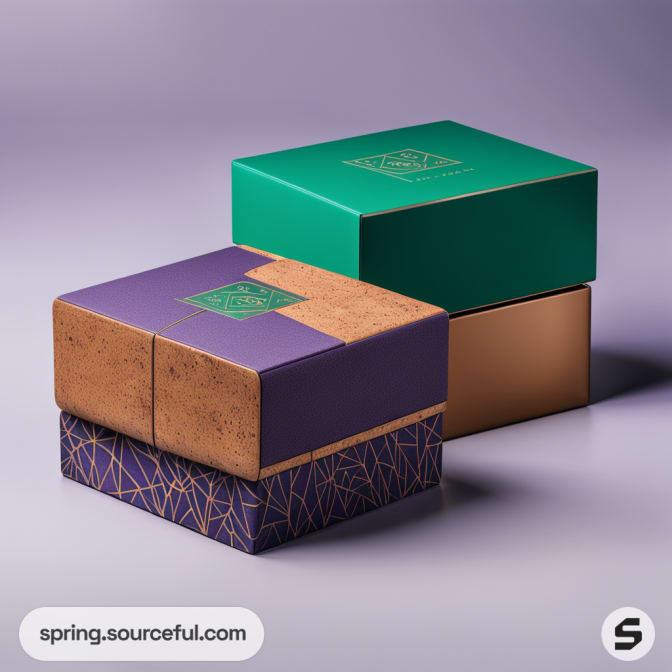 Stacked elegant gift boxes with geometric patterns, one purple with cork texture, the other green, on a soft gradient background.