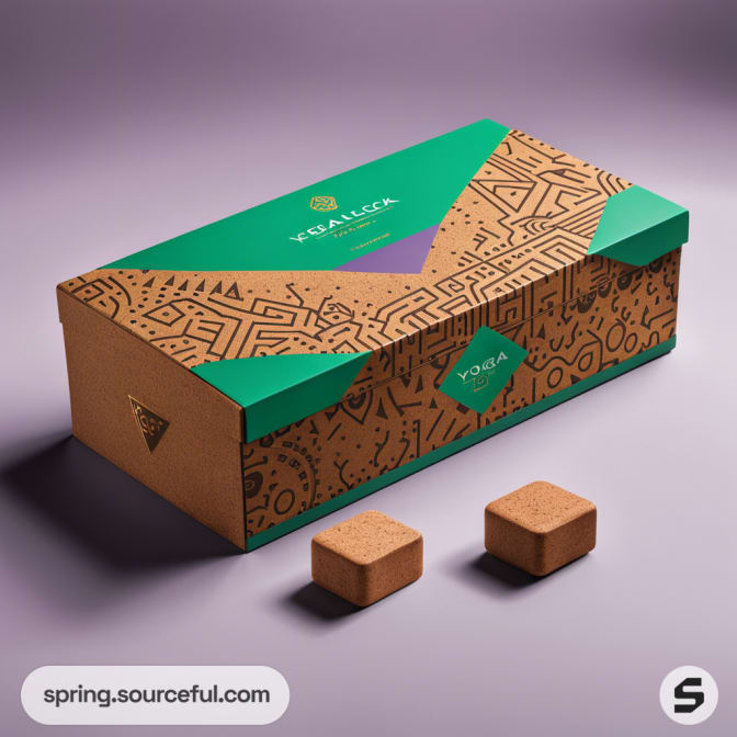 Rectangular cardboard box with geometric patterns and green accents, two small cork cubes beside it.