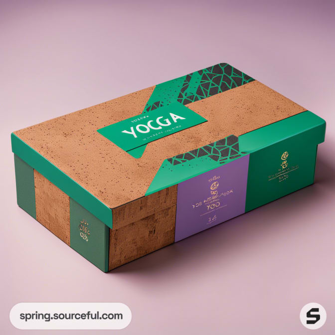 Rectangular box with cork texture, green and purple accents, and 'Yoga' text; placed on light purple surface.