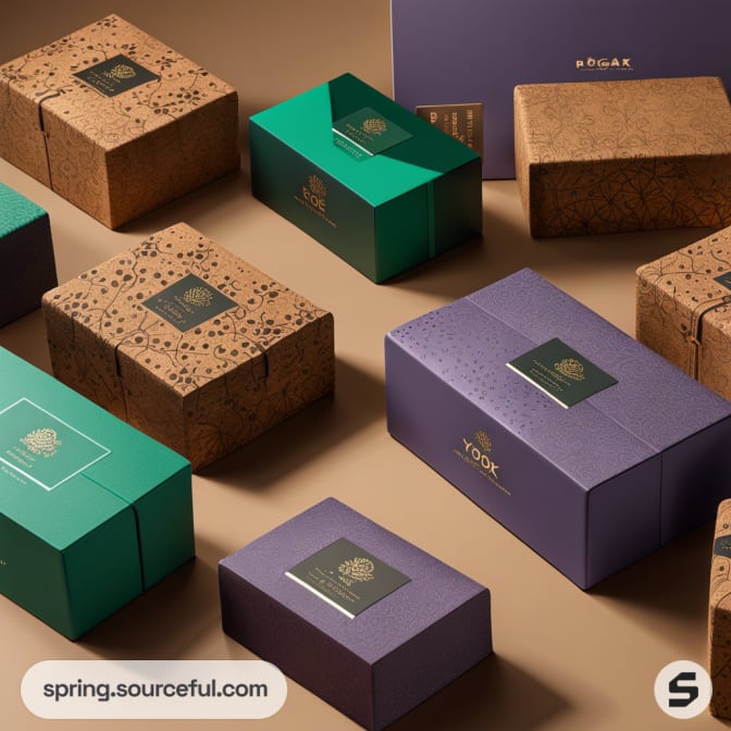 Assorted cardboard boxes in green, purple, and brown with floral patterns on a brown surface.