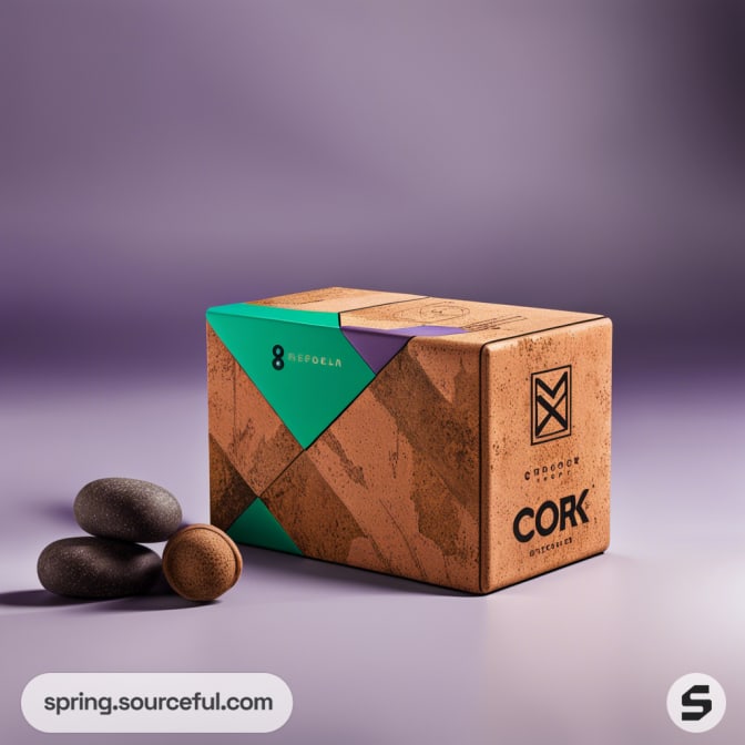 Geometric-patterned cork box with smooth stones on a purple background.