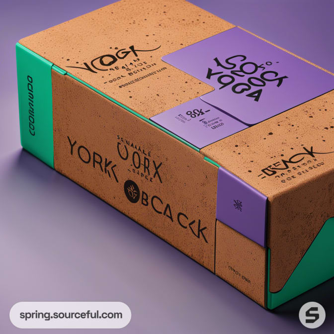 Eco-friendly cardboard box with purple and green accents on a purple backdrop.
