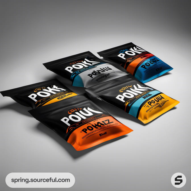 Five colorful snack pouches with bold designs on a gray background.