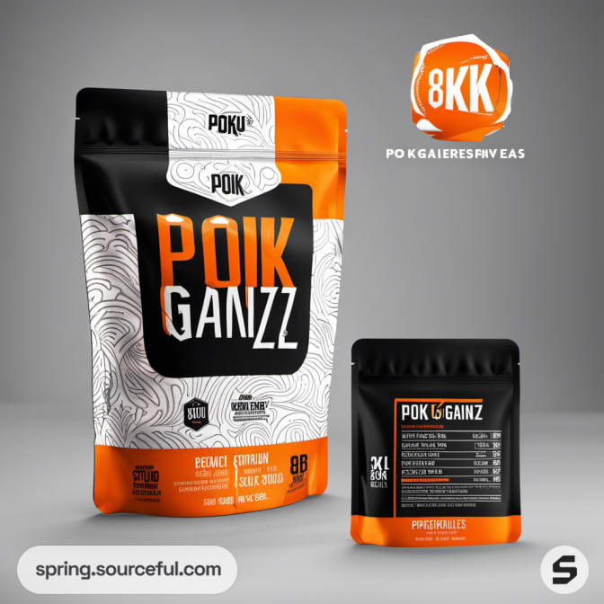 Two orange and black resealable pouches with geometric patterns.