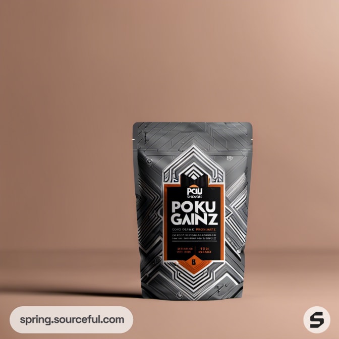 Gray resealable pouch with geometric design on a light background.