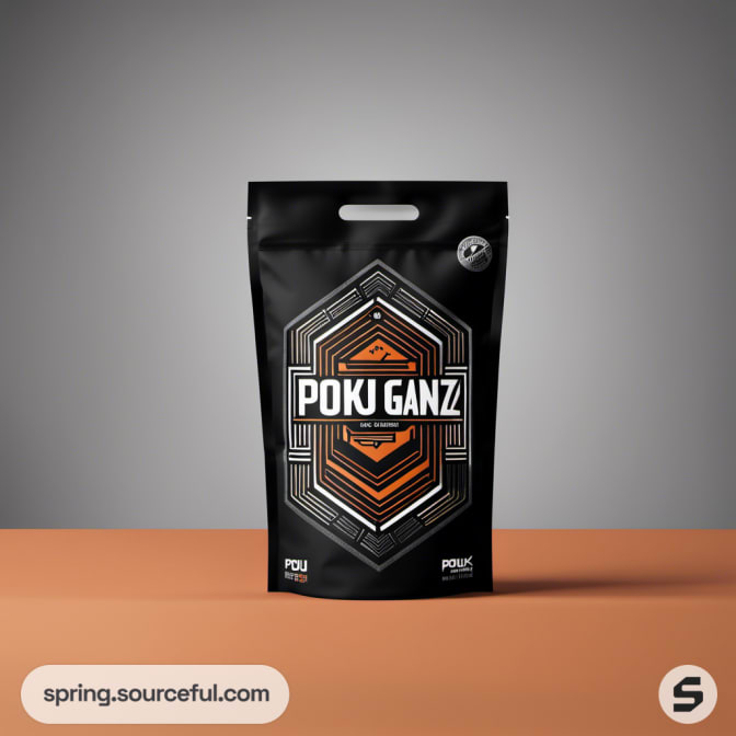 Black resealable pouch with geometric design and orange accents.