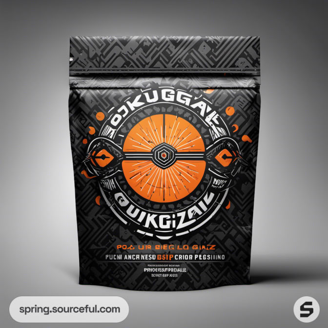 Black and orange resealable pouch with bold geometric patterns.