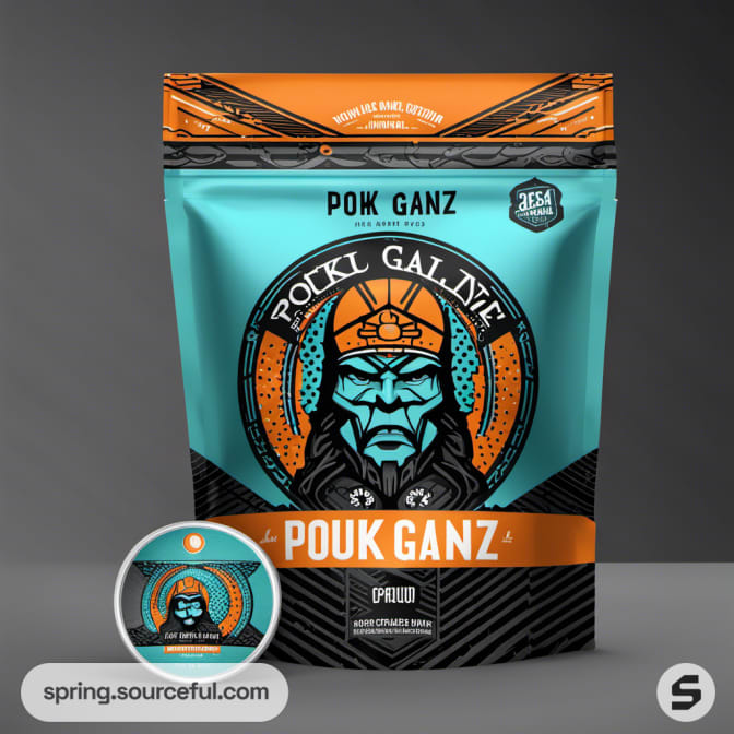 Blue and orange resealable pouch with a warrior graphic.