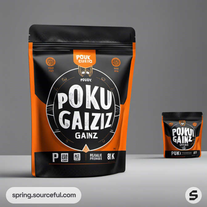 Two black and orange resealable pouches with bold lettering.