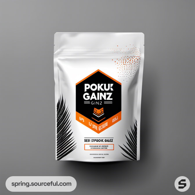 White resealable pouch with subtle geometric accents.