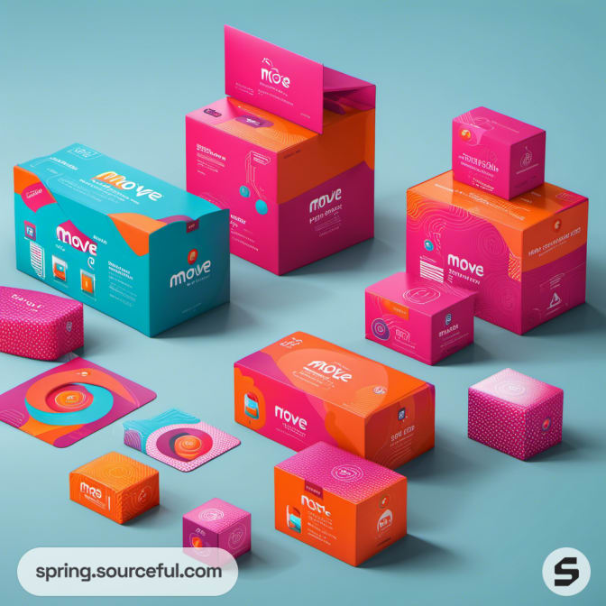 Colorful packaging boxes in pink, orange, and turquoise on a blue background.