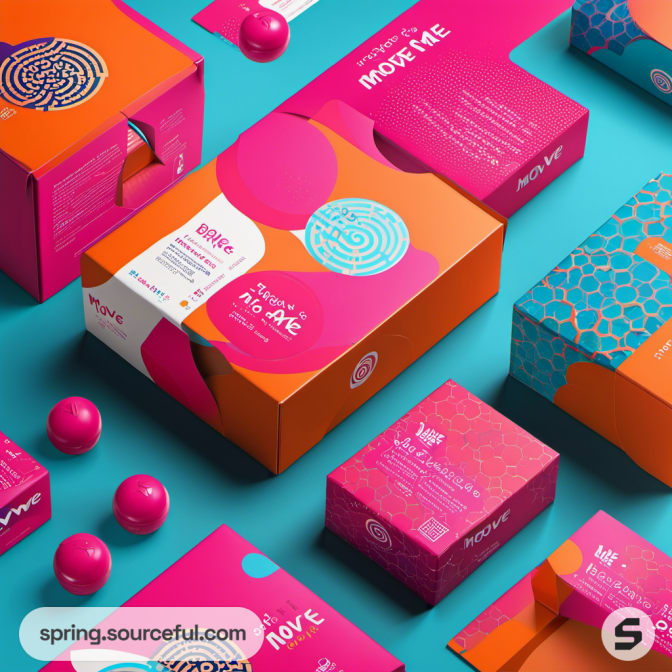 Boxes with vibrant pink and orange patterns on a blue surface.