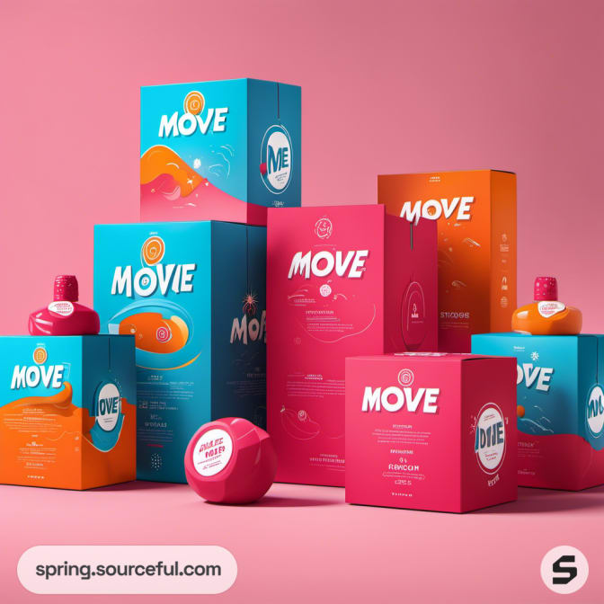Stacked boxes in pink and orange with wave graphics on a pink background.