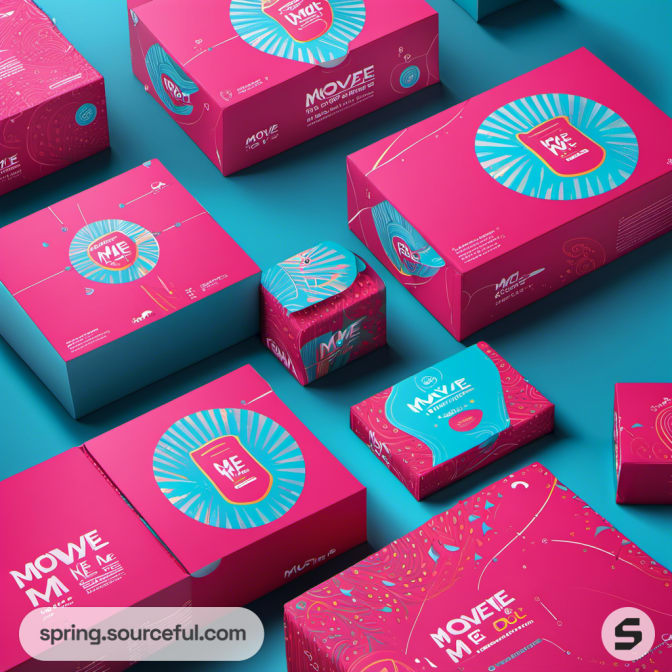 Assorted pink and turquoise packaging boxes with bold graphics.