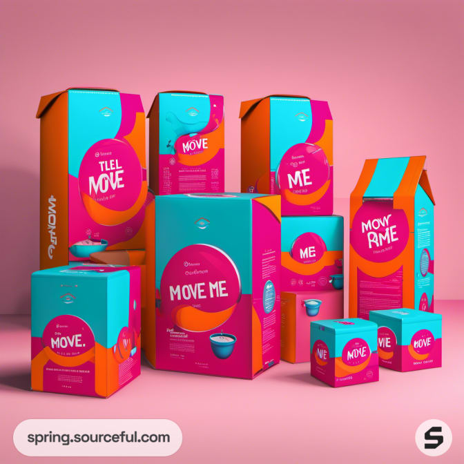 Tall and small boxes with vibrant pink and blue designs on pink background.
