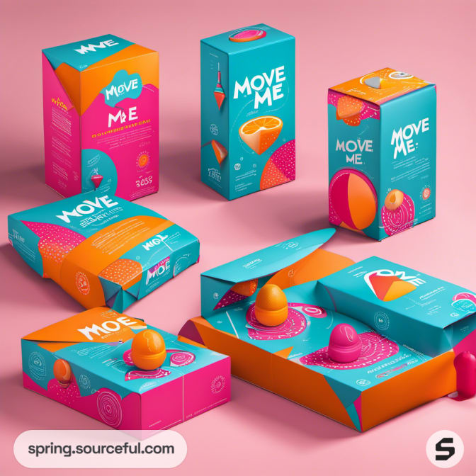 Various pink and turquoise boxes with fruit graphics on pink background.