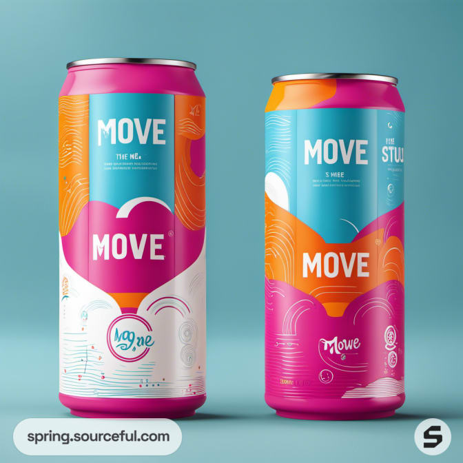 Two vibrant drink cans with pink and orange designs on blue background.