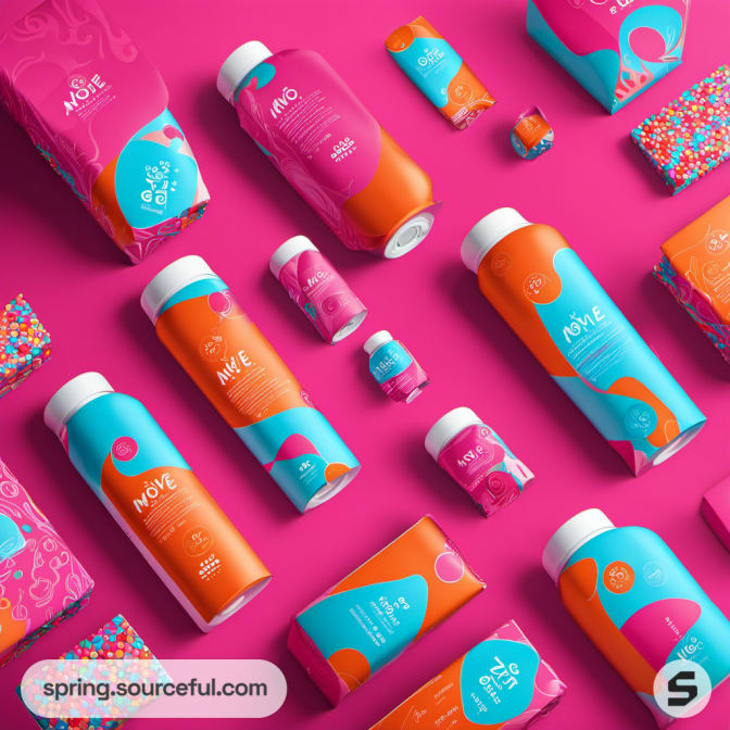 Assorted bottles and packaging in pink and orange on pink background.
