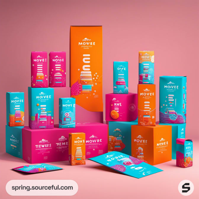Colorful product boxes and bottles with vibrant designs on pink background.