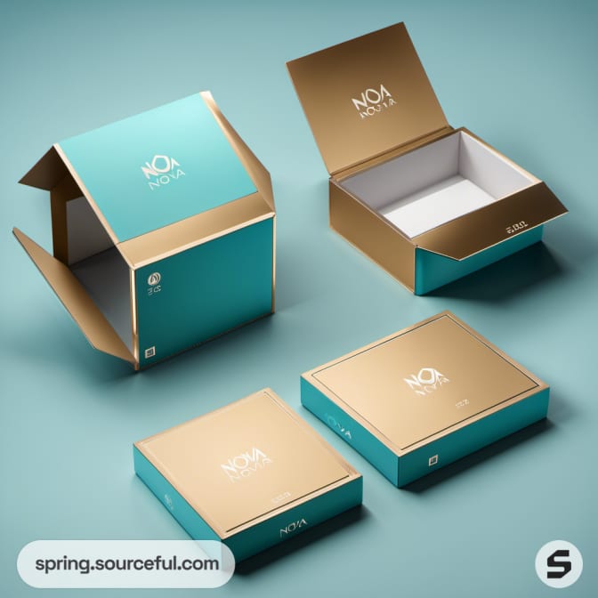 Teal and gold folding boxes with open lids on blue background.