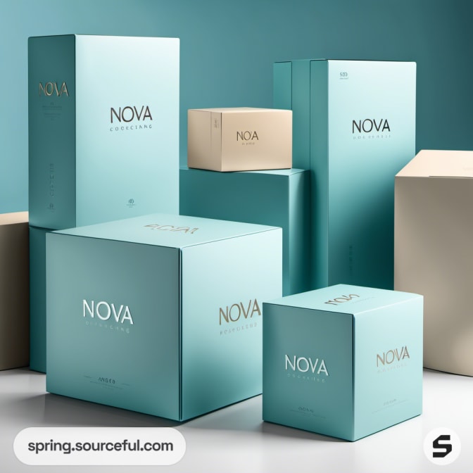Various sizes of teal and beige boxes with 'Nova' text.