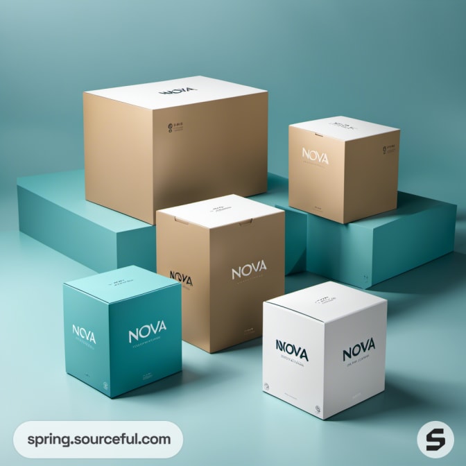 Assorted teal, beige, and white shipping boxes with 'Nova' text.