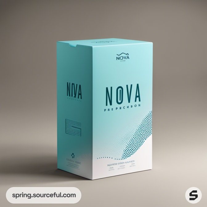 Tall teal box with geometric design and 'Nova' branding.