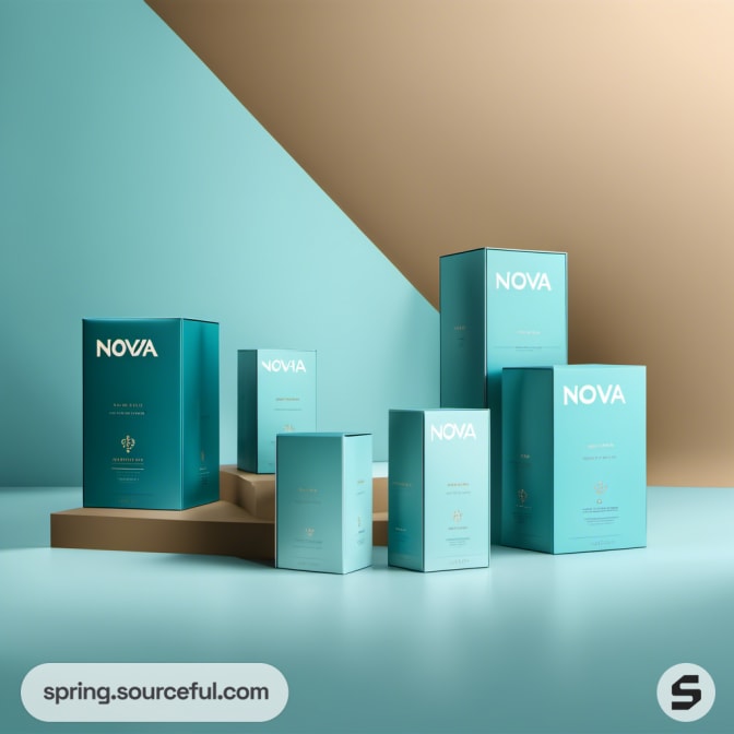 Teal and beige product boxes with 'Nova' text on geometric backdrop.