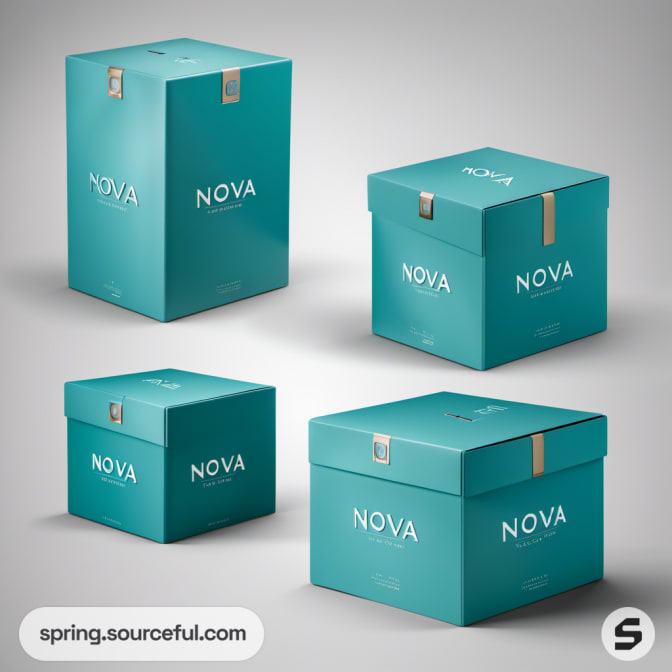 Teal square boxes with lids and 'Nova' branding on gray background.