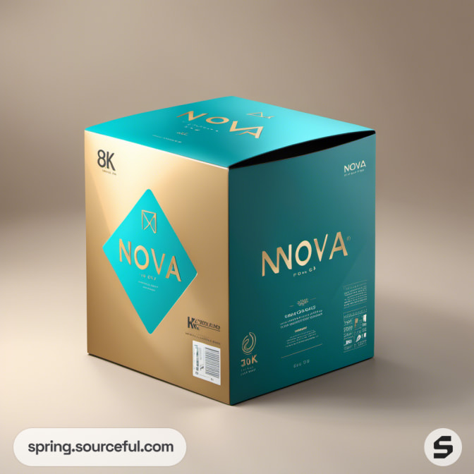 Large teal and gold box with diamond graphic and 'Nova' text.