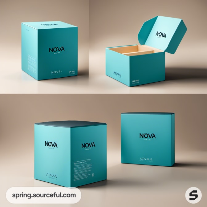 Teal product boxes with 'Nova' branding, open and closed.