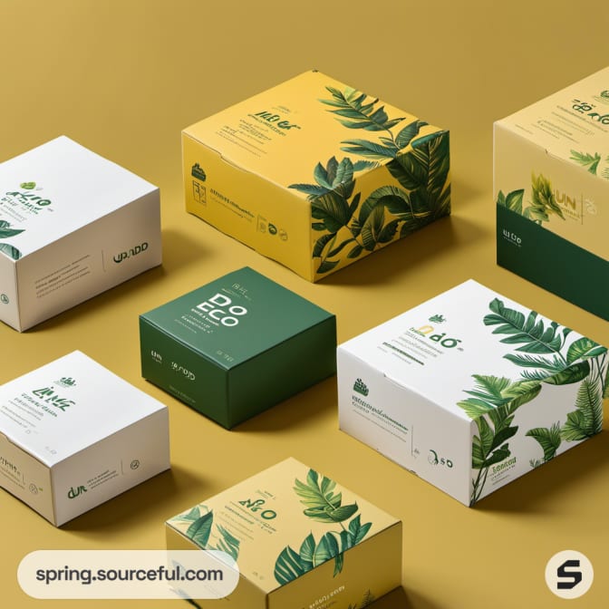 Assorted eco-friendly boxes with green and yellow leaf patterns on a yellow background.