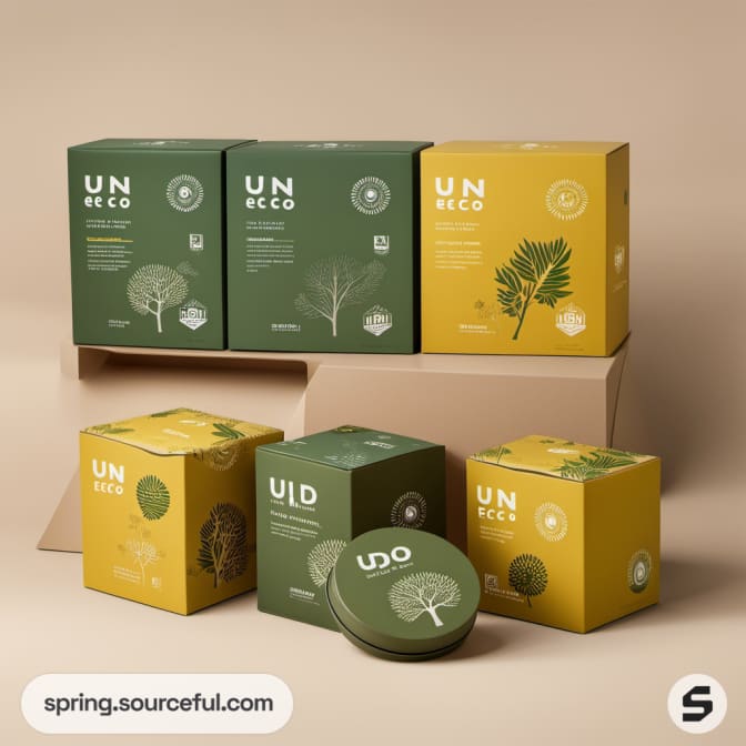 Set of green and yellow boxes with nature motifs on a beige background.