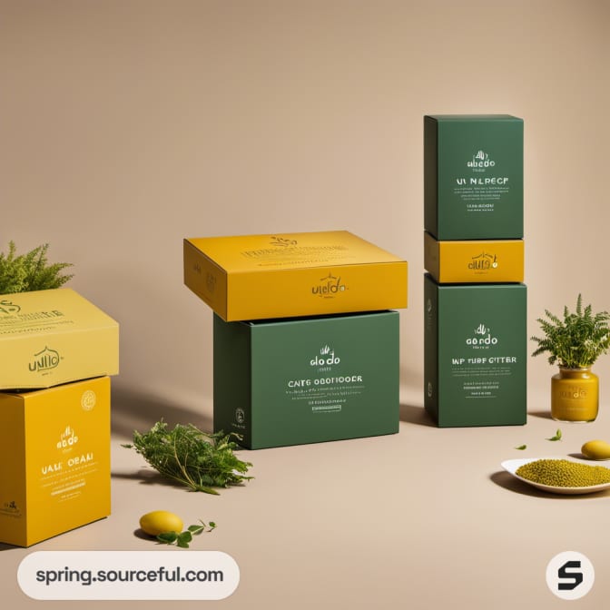 Stacked green and yellow boxes with herbs and plants on a beige background.