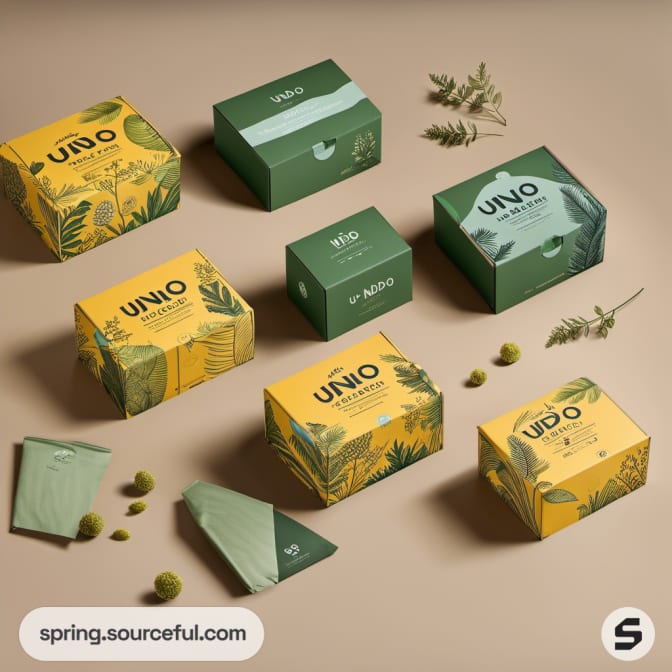 Green and yellow eco-themed boxes with leaf designs on a neutral surface.