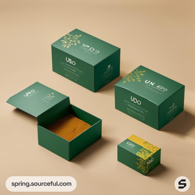 Green boxes with leaf patterns and one open box with contents on a beige background.