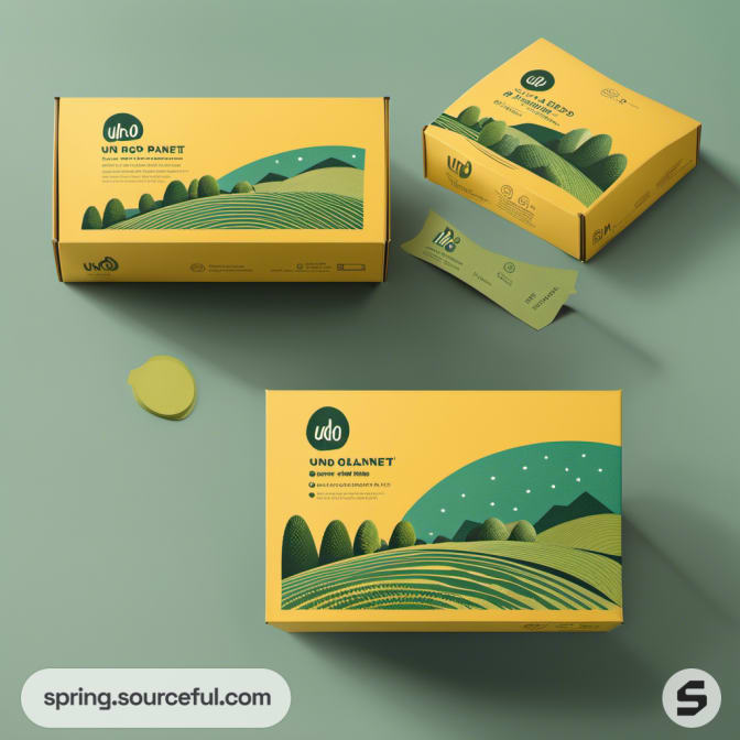 Yellow boxes with stylized green landscapes and single-serve packets on a green surface.