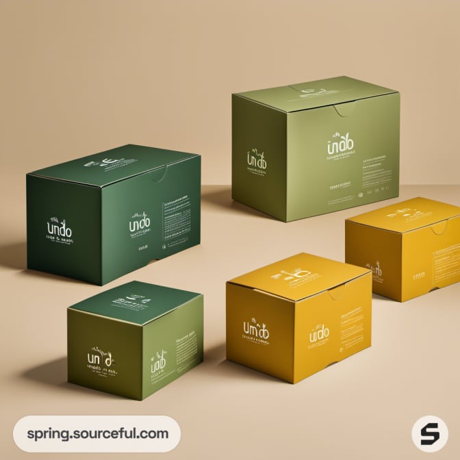 Simple green and yellow boxes with minimalist design on a beige background.