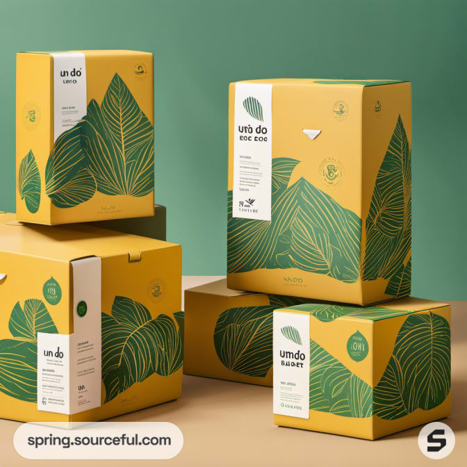 Tall and square boxes with large leaf patterns on a green and beige background.