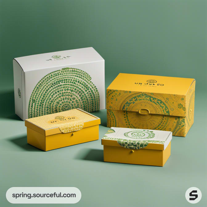 White and yellow boxes with intricate circular designs on a green surface.