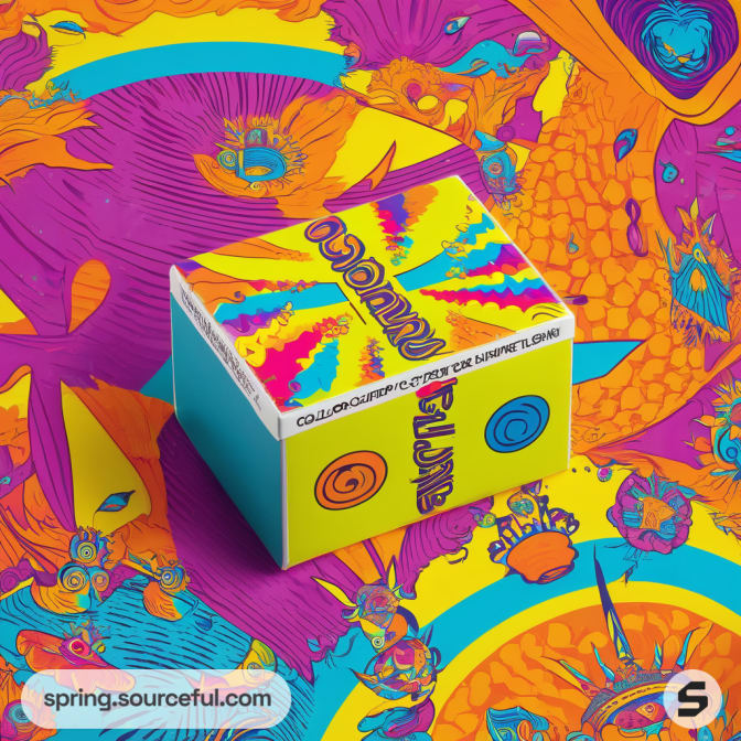 Bright abstract mailer box with colorful patterns on vibrant background.