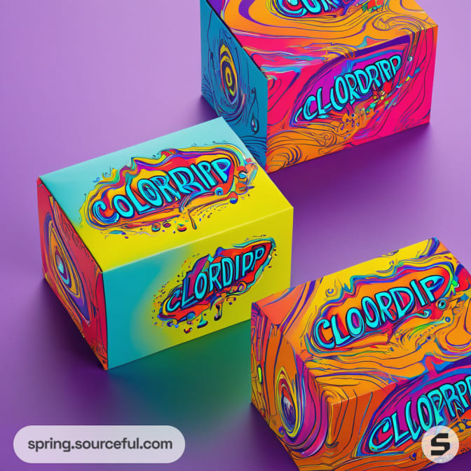 Three colorful boxes with abstract designs on a purple surface.
