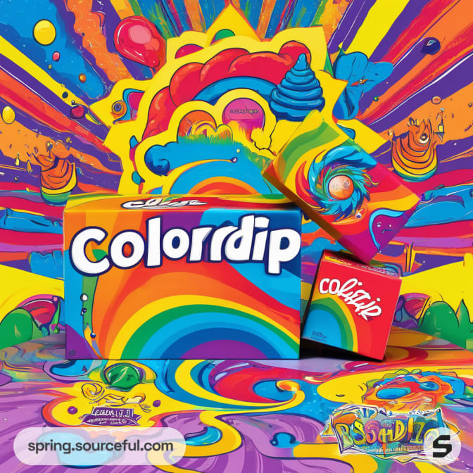 Rainbow-themed boxes with cascading colors on a vivid background.
