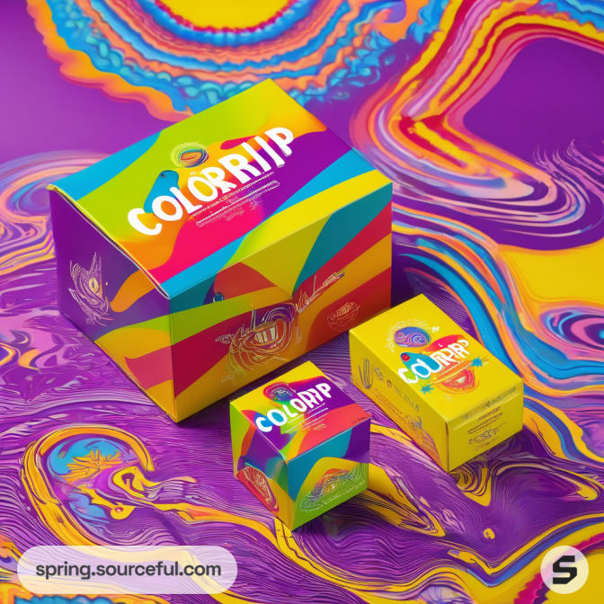 Colorful packaging with rainbow stripes and abstract patterns on swirling background.