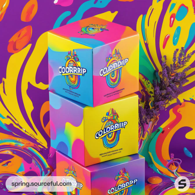 Stack of colorful boxes with psychedelic patterns against a vibrant background.