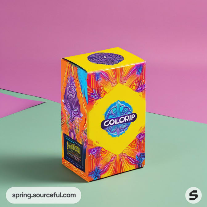 Orange and purple patterned box on pink and green surface.