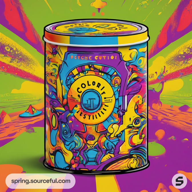 Colorful tin can with psychedelic abstract design on vibrant background.