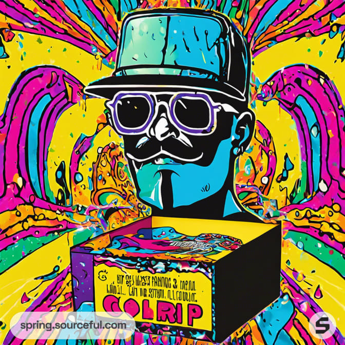 Box featuring a digital art face with shades surrounded by colorful background.