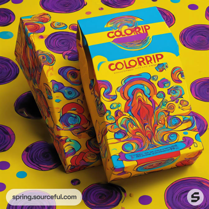 Two yellow and blue boxes with swirling colorful abstract patterns.